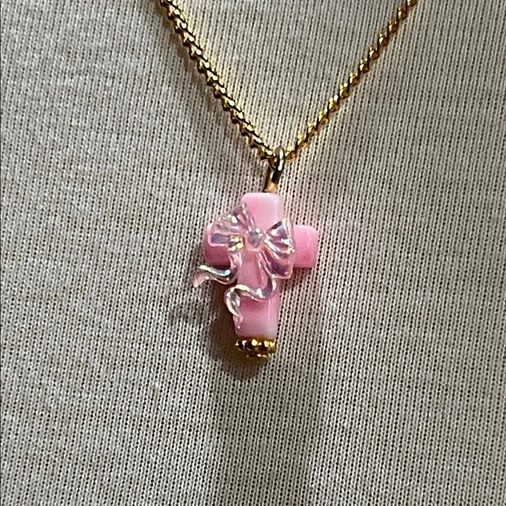 Lightweight Pink Cross with Bow Pendant Necklace